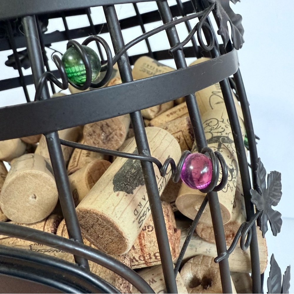 Metal Wine Barrel Cork Holder - Decorative Wine Cork Storage Bin with Grapes - Picture 9 of 10